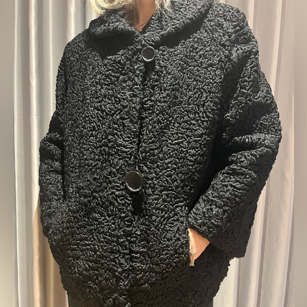 Black Lamb Wool Fur Coat with Satin Floral Lining
